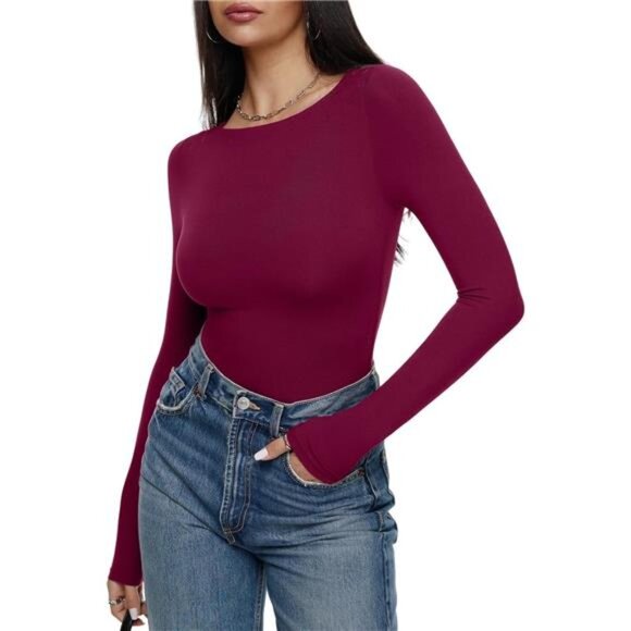 Women's Boat Neck Long Sleeve Bodysuit Burgundy - Picture 2 of 5